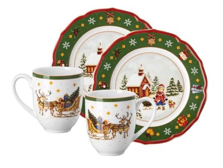 Hutschenreuther grünes Happy Wintertime Christmas Set, Porzellan, Weihnachtsdekoration, Mehrfarbig, 4-teiliges Set mit 2 Weihnachtstassen und 2 Tellern, mikrowellen- und spülmaschinenfest