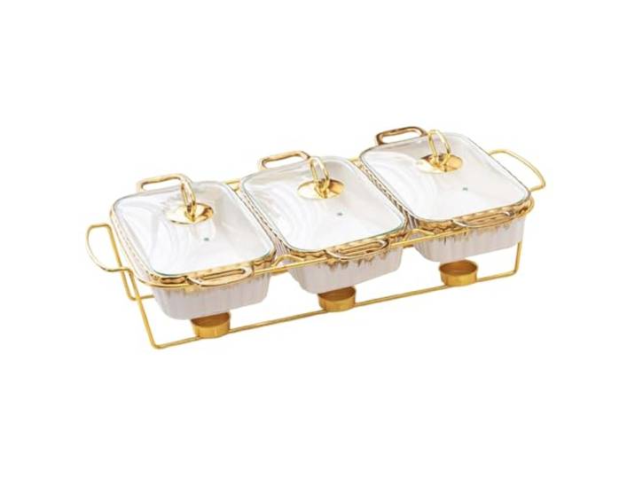 Vnook Chafing Dish-Buffet-Set aus Keramik, Warmhaltetabletts for Speisen Mit Glasdeckel, Ständer aus Edelstahl for Buffets, Hochzeiten, Partys, Bankette(White)