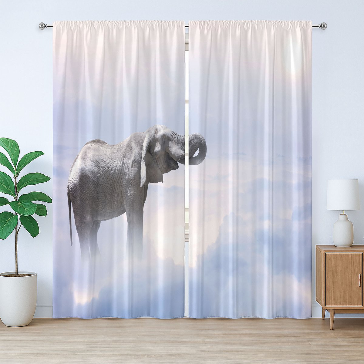 ABAKUHAUS Rustiek Gordijn met Olifantenmotief in Grijsblauw, 280 x 260 cm