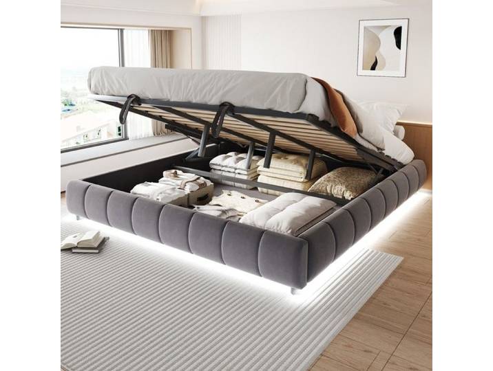 CollaHausse Lit Coffre 180x200 cm Gris sans Tête de Lit avec LED et Vérin
