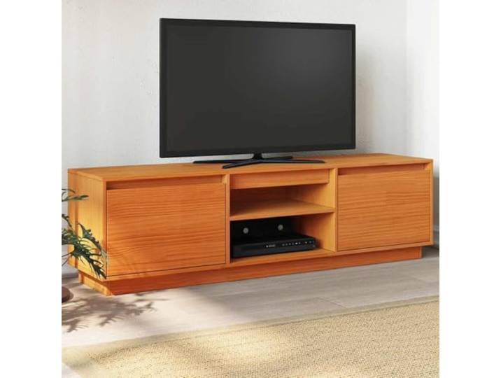 HEFZGDB TV-Schrank aus Kiefern-Massivholz 140x35x40 cm in Wachsbraun mit 2 offenen Fächern und 2 Türfächern, robuster Stauraum für Medien, pflegeleichtes Wohnzimmer Lowboard,