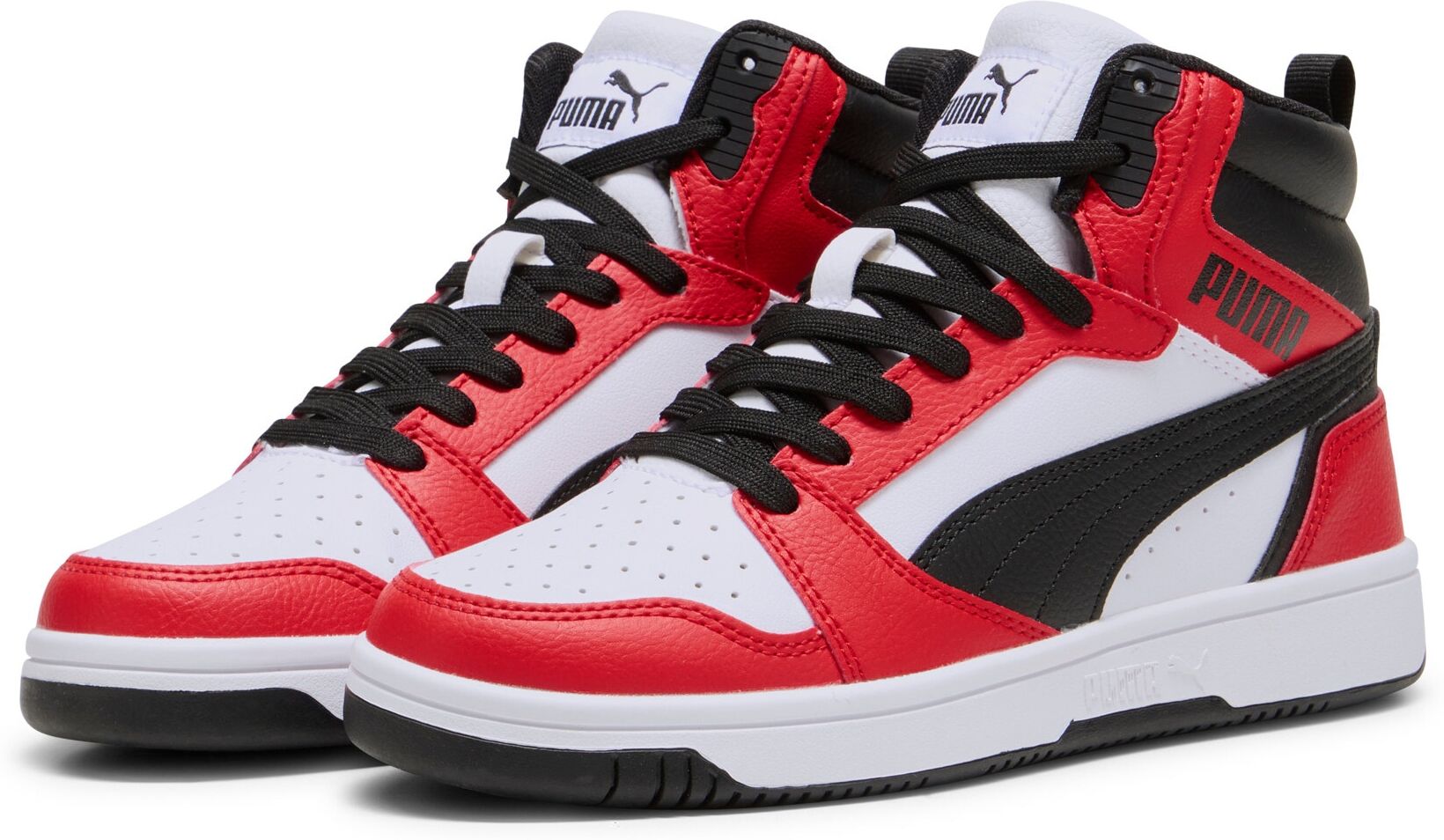 Sneaker PUMA "REBOUND V6 MID JR", Jungen, Gr. 38,5, bunt (puma weiß, puma schwarz, for all time rot), Synthetik, Schuhe Sneaker, knöchelhoch, retro-inspiriertes Design, mit SOFTFOAM+ Dämpfung puma weiß, puma schwarz, for all time rot 38,5