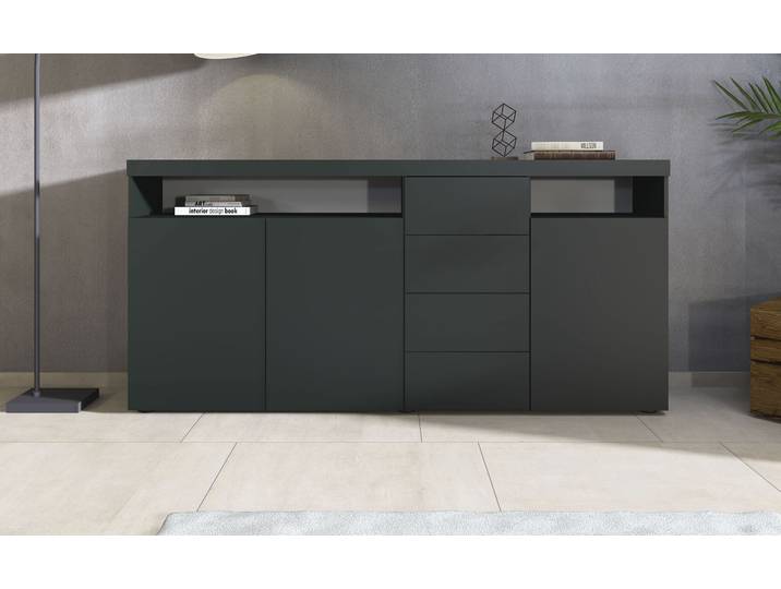 Highboard BORCHARDT MÖBEL Kapstadt, Breite 200cm, Kommode mit Drucköffner , schwarz (schwarz, matt), B:200cm H:93cm T:35cm, Holzwerkstoff, Sideboards, Highboard, Türen, Schubladen, offene Fächer, viel Stauraum, praktisch, modern