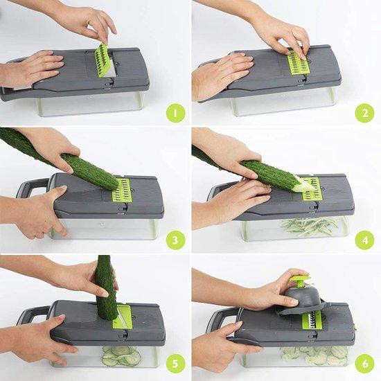 9-in-1 Groentesnijder Mandoline met verschillende messen en kom in het grijs
