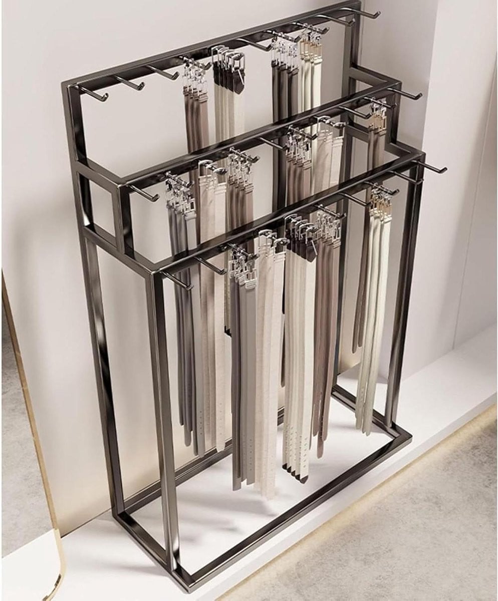 Zwarte Riem Display Stand Accessoire Organizer voor Winkelpresentatie met Gelaagd Open Ontwerp, Hoogte: 150 cm