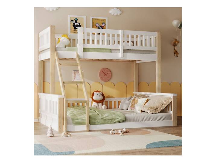 Odikalo Etagenbett Kinderbett 90x200cm+140x200cm Leiter Bettgitter Fallschutz Weiß/Natur