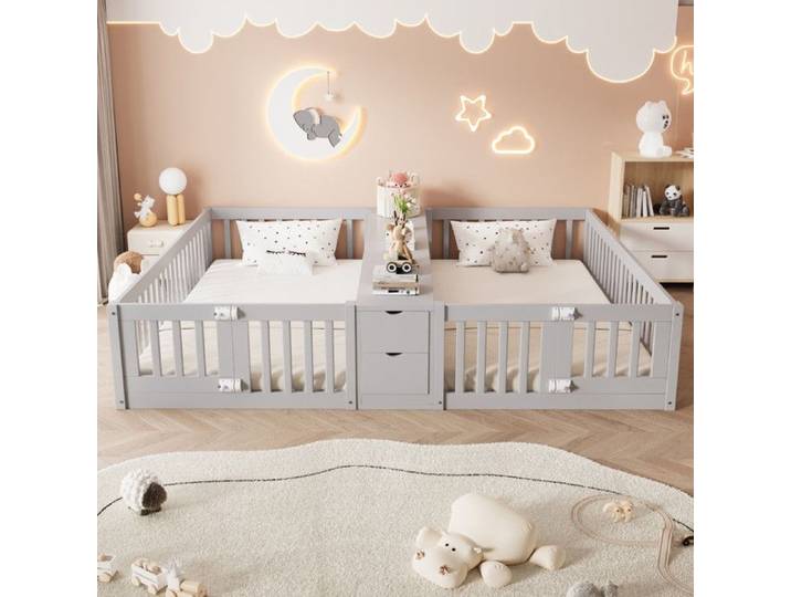 Bladez - Lit enfant double 90x200 cm - Lit double avec tiroirs et double étagère - Lit de coffre avec barrières de sécurité - Gris