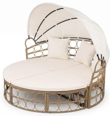 Costway Outdoor Patio Daybed with Retractable Canopy and Cushions Yellow Wicker Rattan Furniture Set-White