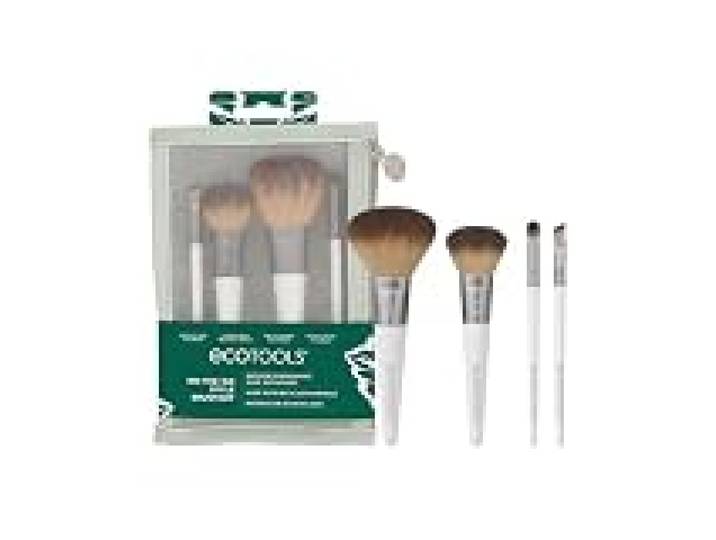 EcoTools On-The-Go Style, Pinceaux de Maquillage avec Trousse, Lot de 5 Accessoire de Beauté, Format de Voyage Mini, Écoresponsable, pour Texture Poudre ou Liquide, Finition Naturelle, Sans Cruauté