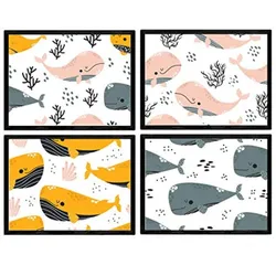 POSTER Set mit 4 Orange graue rosa Wale A4 Rahmenlos