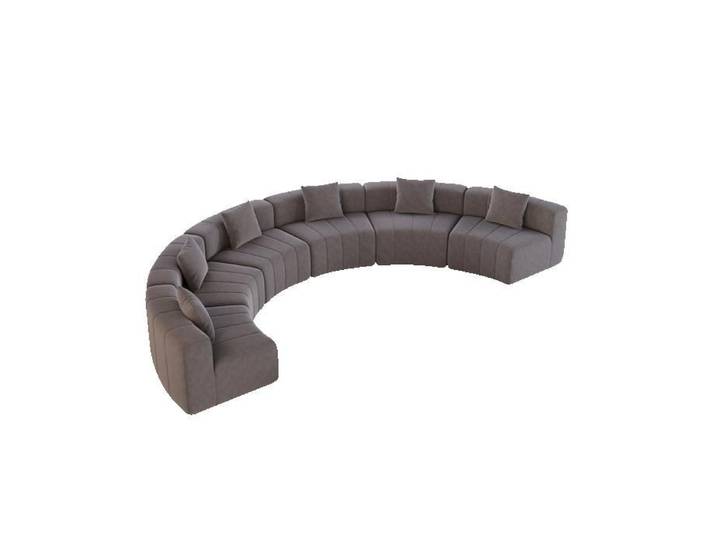 Canapé modulable incurvé en chenille gris – 6 places – avec 2 coussins – sans montage