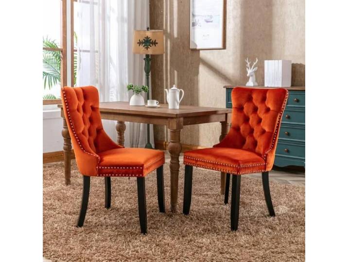 Lot 2 chaises salle à manger velours orange pieds bois massif cloutés design raffiné Orange orange CHAISE