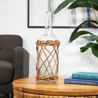 ARCILLA ELEMENTAL Clear Glass Handmade Tall Vase with Brown Rattan Woven Lower Body