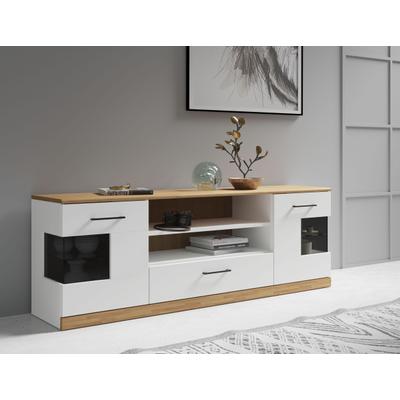 Lowboard OTTO HOME "Ribe,160cm breit,55cm hoch,Oberplatte massiv", weiß (weis, eiche), B:160cm H:55cm T:35cm, Sideboards, Lowboard, Oberplatte Massivholz,schwarze Metall Griffe,2 Türen mit Glaseinsatz