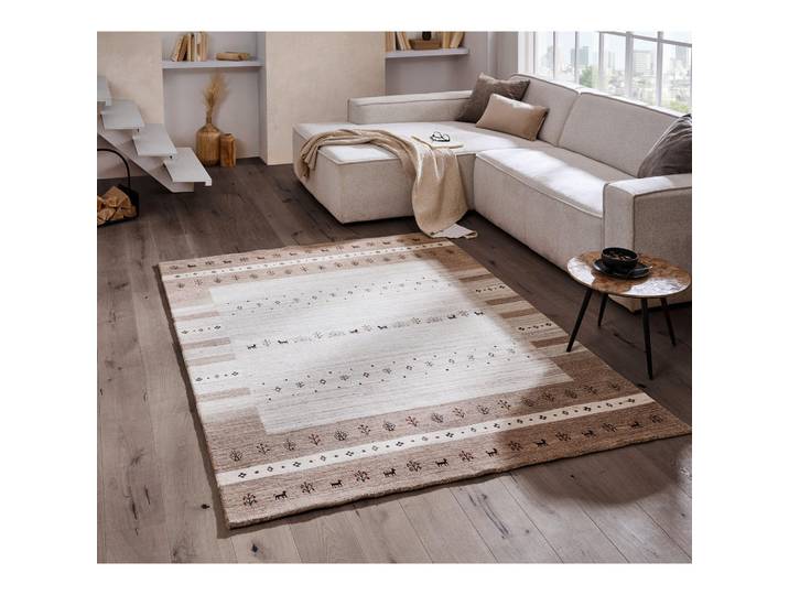 Cazaris Orientteppich, Beige, Streifen, rechteckig, 120x180 cm, Handmade in India, für Fußbodenheizung geeignet, Teppiche und Böden, Teppiche, Orientteppiche