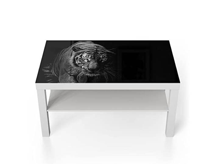 DEQORI Glastisch weiß groß 90x50 cm Motiv Tiger auf der Pirsch ausgefallener Beistelltisch aus Glas Hochglanz Couchtisch fürs Wohnzimmer moderner Couch Tisch mit Design