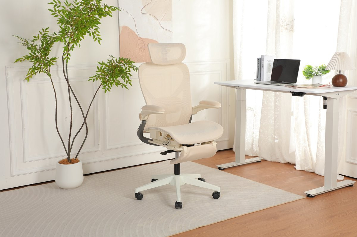 STILVORA Ergonomische Bureaustoel met 3D Hoofdsteun en Lendensteun, Klapbaar, Crème