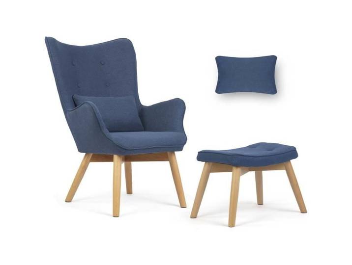 Fauteuil à oreilles nordique - JANSPORT - Repose-pieds - Bleu - Style scandinave - Confortable - Oreiller inclus