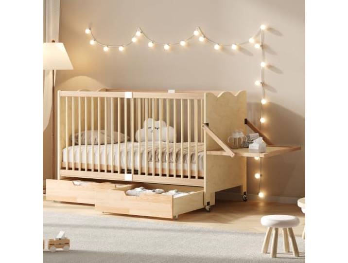 BXEYXE Bewegliches multifunktionales Babybett, 4-stufige Höhenverstellung, Babybett mit Schubladen, massives Gitterbett, mit Ablage/Wickeltisch, Kiefernholz, naturholzfarben, 70 x 140 x 94,5 cm