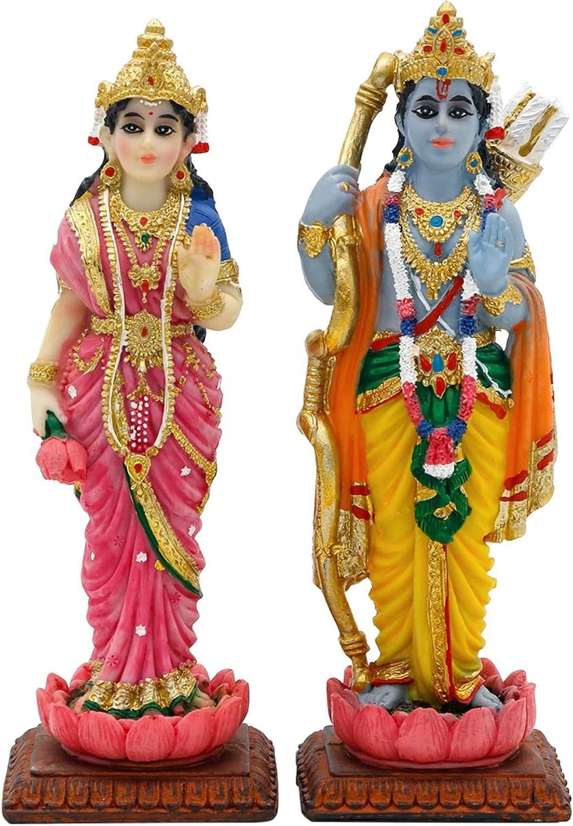 Handgeschilderd Radha Krishna Standbeeld - Veelkleurig Hindoe God Beeld voor op tafel - Hoogte: 12 cm