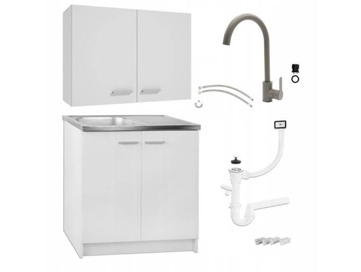 STAMAR Meuble sous Évier 80 cm Blanc + Évier Inox + Robinet Pivotant Chromé+ Siphon LV + Meuble Haut - 80x49x82 cm