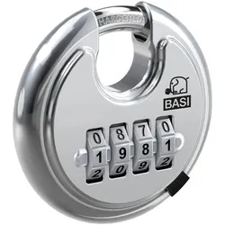 BASI 6100-7050 Rundbügel Vorhängeschloss RVS 610Z Edelstahl Zahlenschloss Ø70mm