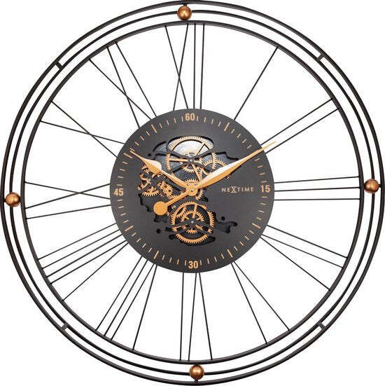 NeXtime Roman Gear XXL Wandklok - Rond - Zwart en Goud - Metaal