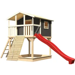 Akubi Stelzenhaus Benjamin mit Rutsche und Holzrampe terragrau rot
