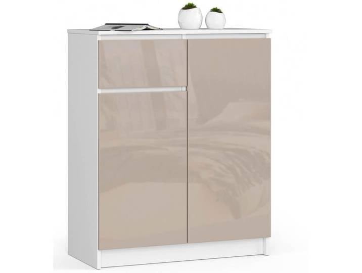 Commode AKORD K80 Blanche 80 cm 2 portes 1 tiroir façade Cappuccino Brillant 4 étagères 80x40x99 cm