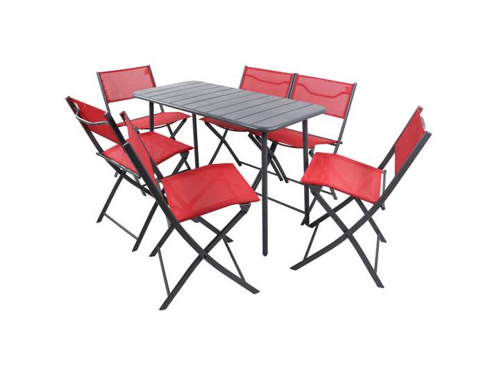 Gardenson Gartenset, Rot, Schwarz, Metall, Kunststoff, 7-teilig, Tisch klappbar, regenabweisend, rostfrei, Stuhl klappbar, Gartenmöbel, Gartengarnituren, Gartenmöbel-Sets