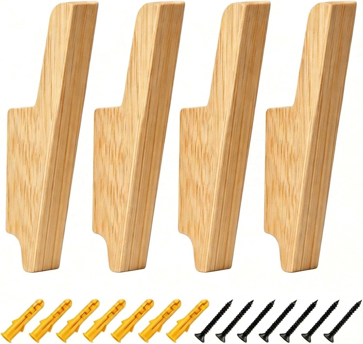 Set van 4 houten wandhaken van eikenhout voor kleding, jassen en accessoires inclusief schroeven en pluggen