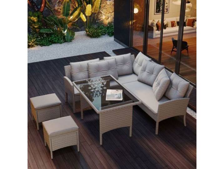 Mobilier de jardin exterieur - Salon en polyrotin pour 7 personnes avec canapé table tabourets coussins housse tissu amovible