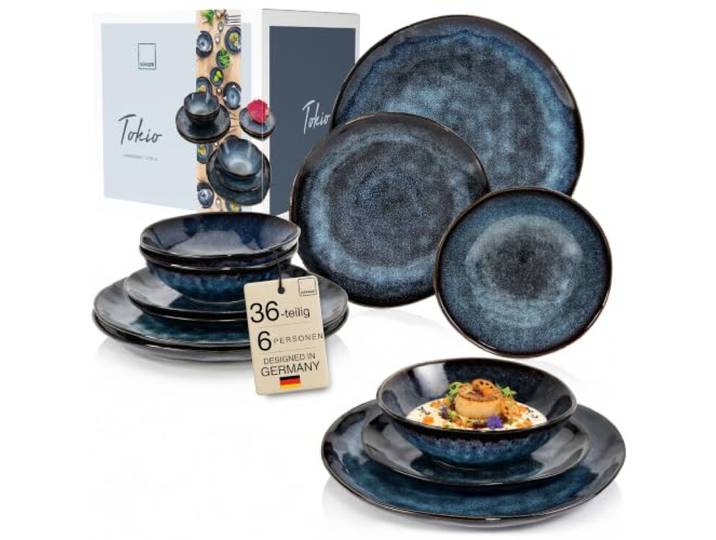 Sänger Tafelservice Tokio 36 tlg, Geschirrset 12 Personen Steingut Tableware Set, Essgeschirr, Modern Handmade, Essservice Dunkelblau mit schwarzen Akzenten