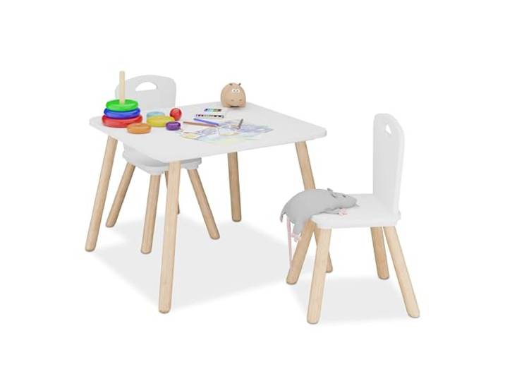 Relaxdays Kindersitzgruppe, 3-TLG., Kindertisch mit 2 Stühlen, Mädchen & Jungen, Sitzecke fürs Kinderzimmer, weiß/Natur