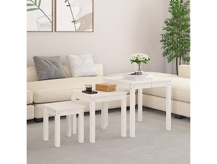 KPOUTRFG Satztische 3 STK Weiß Massivholz Kiefer Beistelltische Set Massives Kiefernholz, natürlich geölt, platzsparend stapelbar, vielseitig einsetzbar, mit Wandhalterung
