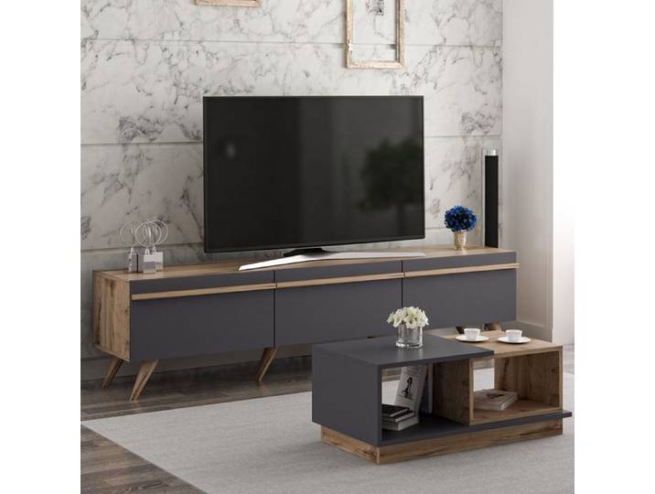Ensemble Meubles de Salon Lerici Dmora Bois Nobilié Noir Anthracite