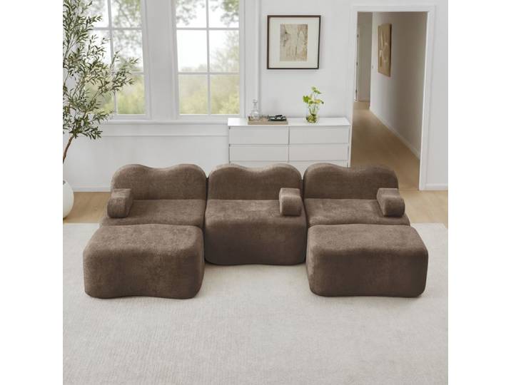 LPOSPI Canapé Modulaire 3 Places Forme U avec 2 Ottomans - LPOSPI - Assise Profonde Accoudoirs Mobiles Velours Marron