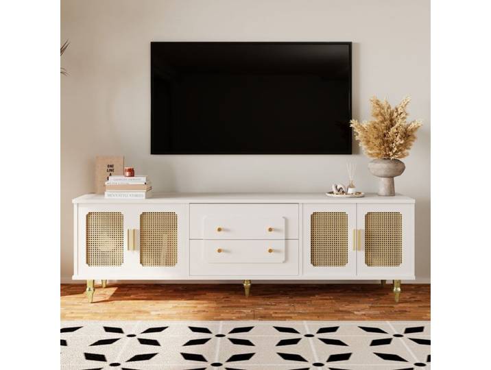 Meuble TV salon - NECHE - Style Vintage - Portes en rotin - Pieds en bois massif
