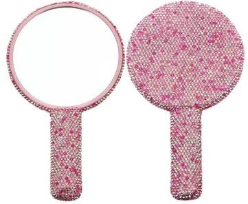 Uplift Picks Glam Rhinestone Handheld Makeup Mirror Bling Heart Round Square Beauty Mirror pink (round)