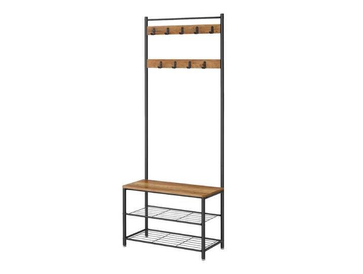 JOYFURNOS Portemanteau, 32 x 70 x 177 cm, Vestiaire avec Banc de Rangement pour Chaussures, Style Industriel, Marron et Noir