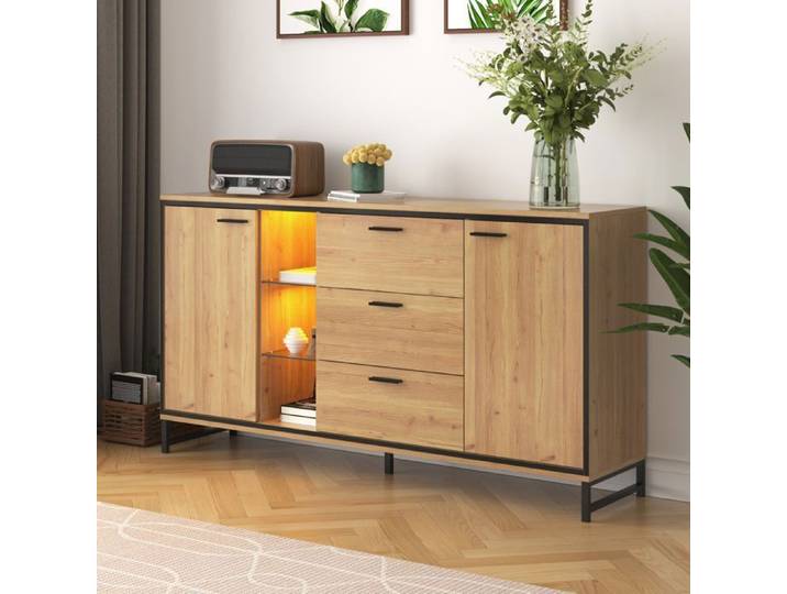 Buffet Bas 3 Tiroirs 2 Portes Etagères en Verre à LED Eclairage Style Industriel Meuble Salon Noir/bois 160x40x85cm