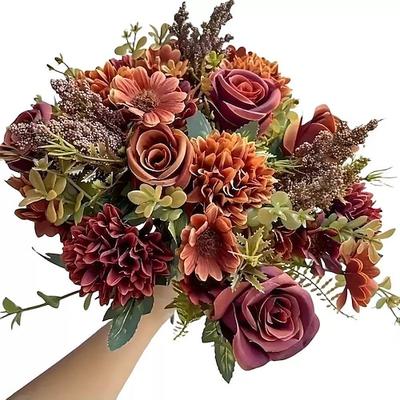 2 Bündel Herbsthortensienstrauß, künstliche Pfingstrose, Rose, Gänseblümchen Getrocknete Blumen, handgehaltenes Blumenarrangement, kleiner Strauß Seidenblumen für zu Hause Eventdekor
