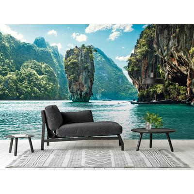 Vliestapete A.S. CRÉATION "Fototapete Felseninsel Thailand Türkis Exotisch", türkis, B:2,55m H:0,02m L:3,5m, Vlies, Tapeten