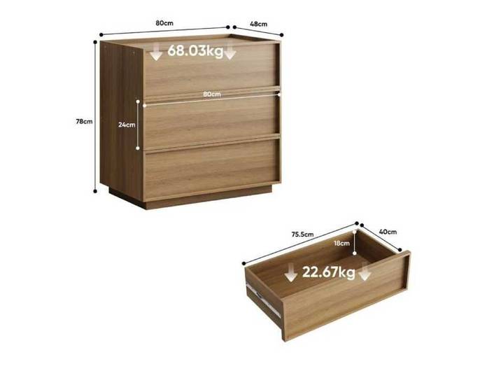 Commode moderne en bois - Chêne - 80x48x78 cm - 3 tiroirs spacieux - Design minimaliste - Protection anti-basculement