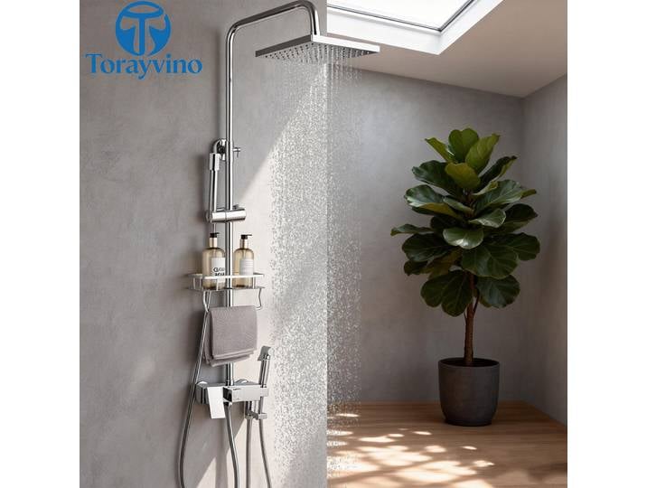 Torayvino – ensemble de douche murale, salle de bains, douche de pluie, ensemble de douche mural chromé avec étagère, robinet de pluie, pomme de douche à main, ensemble de robinet mitigeur