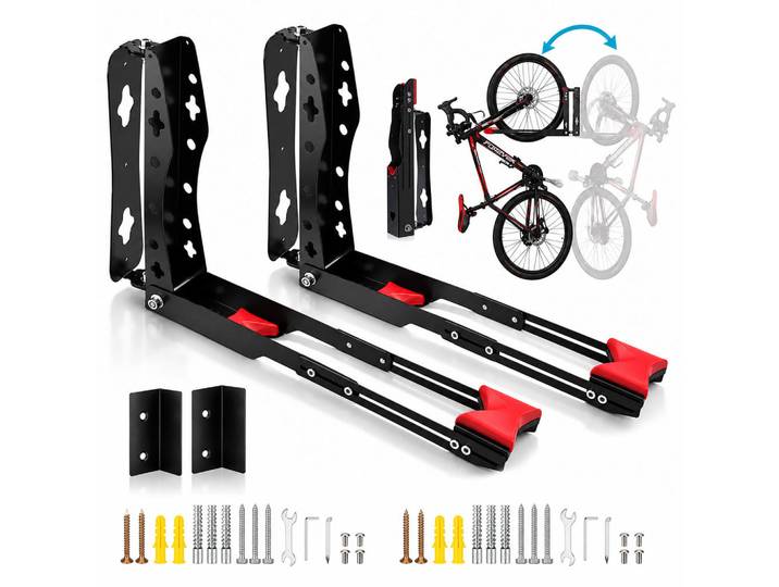 Relaxdays Fahrrad-Wandhalterung Schwarz Rot 2er-Set 35 kg, Metall, 6.5x39x65.5 cm, Freizeit & Co