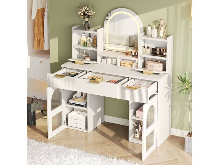 PENQUR Coiffeuse avec miroir LED 3 tiroirs 2 portes vitrées 120 x 40 x 139 5 cm blanche