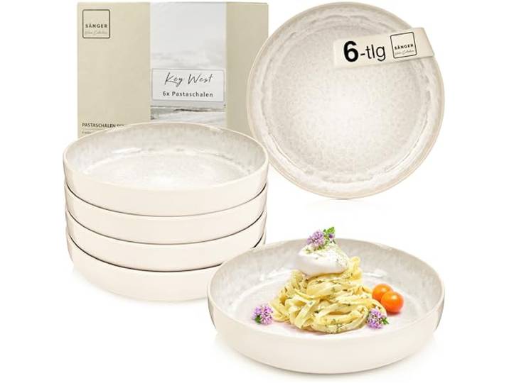 SÄNGER Key West Steingut Pastaschalen 6 tlg, Nudel Schalen Set 6 Personen , Schüssel Set spülmaschinenfest mikrowellenfest, große Schüssel Creme mit sandiger Maserung 750 ml
