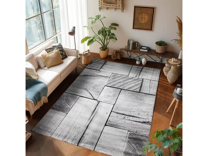 Tapis dessin moderne damier tas de tronc d'arbre à poils courts aspect bois noir gris [200x290 cm]