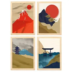POSTER Set mit 4 japanischen Schreinen A4 Rahmen aus hellem Holz